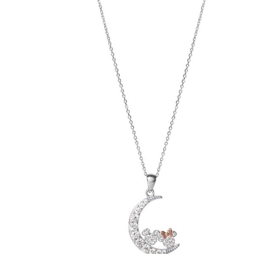 Disney Sterling Silver and Rose Gold Overlay Mickey And Minnie Moon Necklace